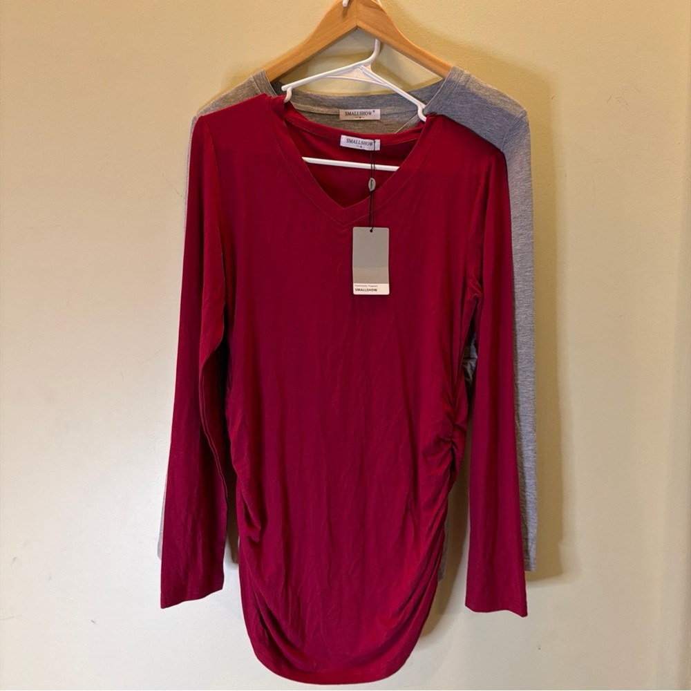 Smallshow Maternity V Neck Top Ruched Long Sleeve gray/wine size M (lot of 2)